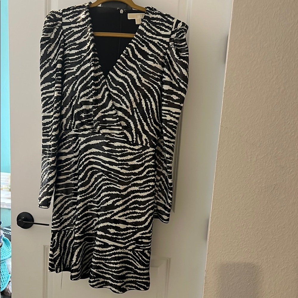Michael by Michael Kors Sequins Zebra Print V-Neck Dress w/patent leather belt.